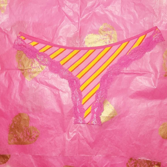 NEW VINTAGE VS PINK SMALL STRIPED THONG LACE TRIM COTTON PANTIES - Picture 6 of 9